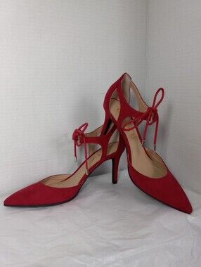 Unisa Red Faux Suede Pointed-Toe Tie Ankle Heels - Women Size 8